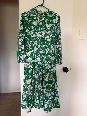 LOFT Green Floral Long Sleeve Midi Dress with Pink Accents